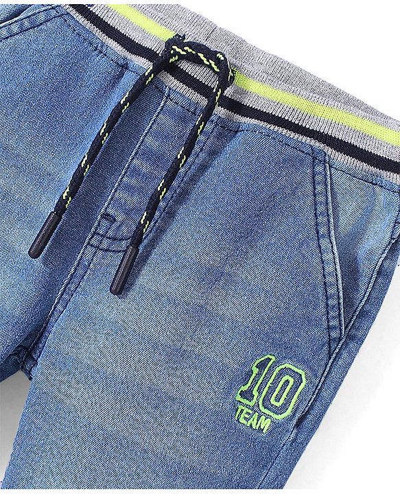 Babyhug Denim Full Length With Stretch Joggers Number Embroidery - Blue