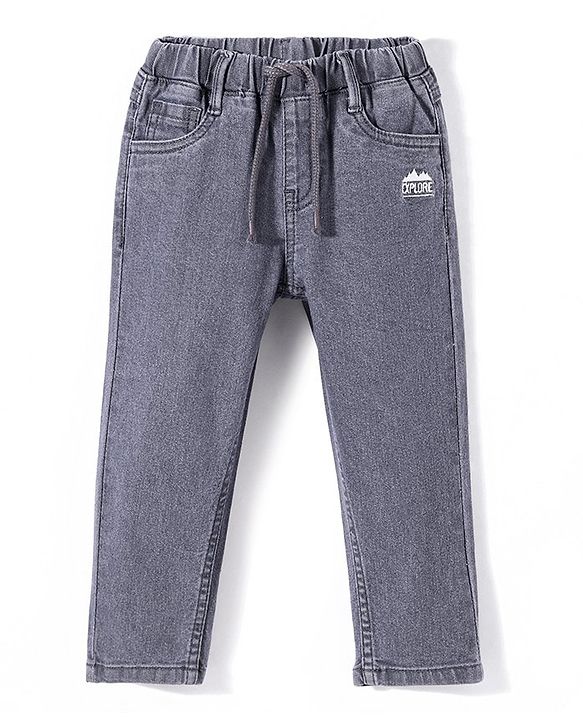Babyhug Denim Full Length With Stretch Washed Jeans With Text Embroidery - Grey