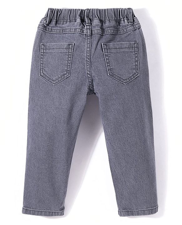 Babyhug Denim Full Length With Stretch Washed Jeans With Text Embroidery - Grey