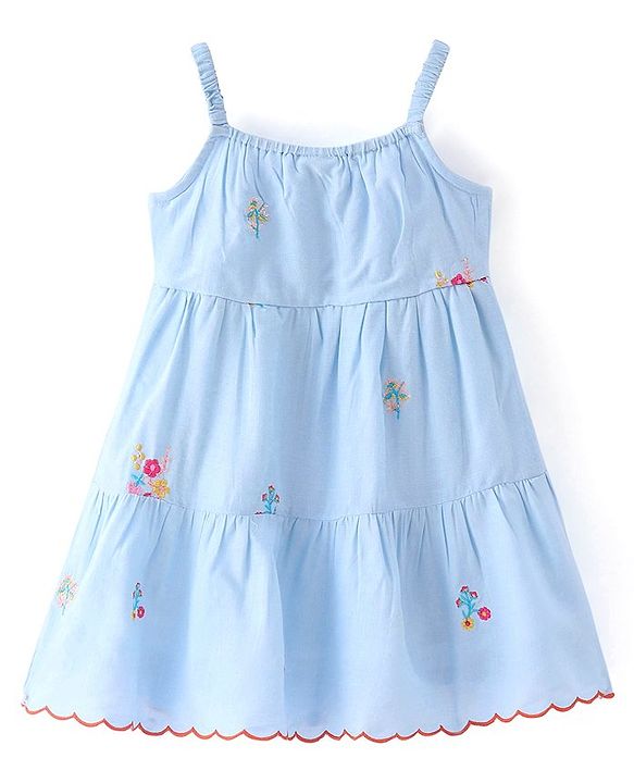 Babyhug Woven Singlet Sleeves Floral  Embroidered Tiered Frock - Blue