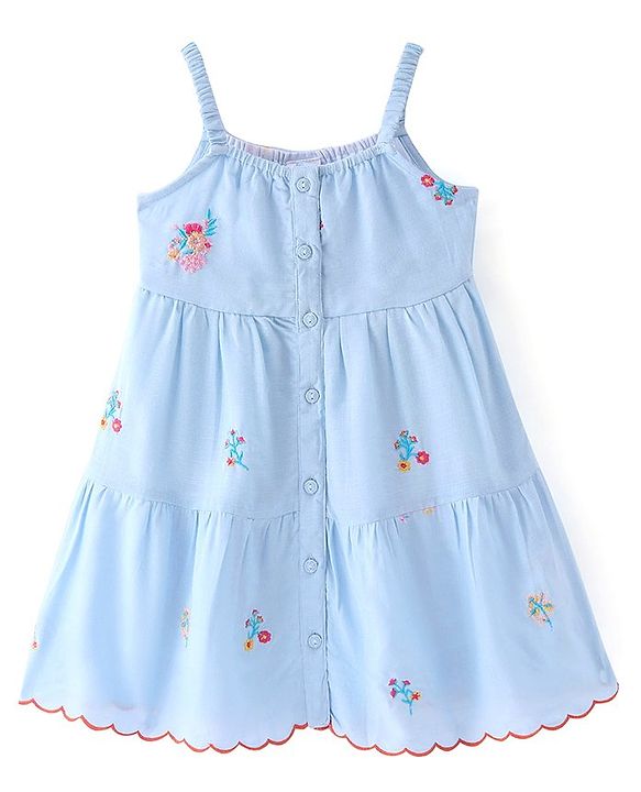 Babyhug Woven Singlet Sleeves Floral  Embroidered Tiered Frock - Blue