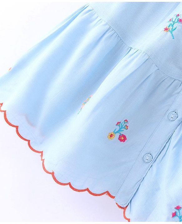 Babyhug Woven Singlet Sleeves Floral  Embroidered Tiered Frock - Blue