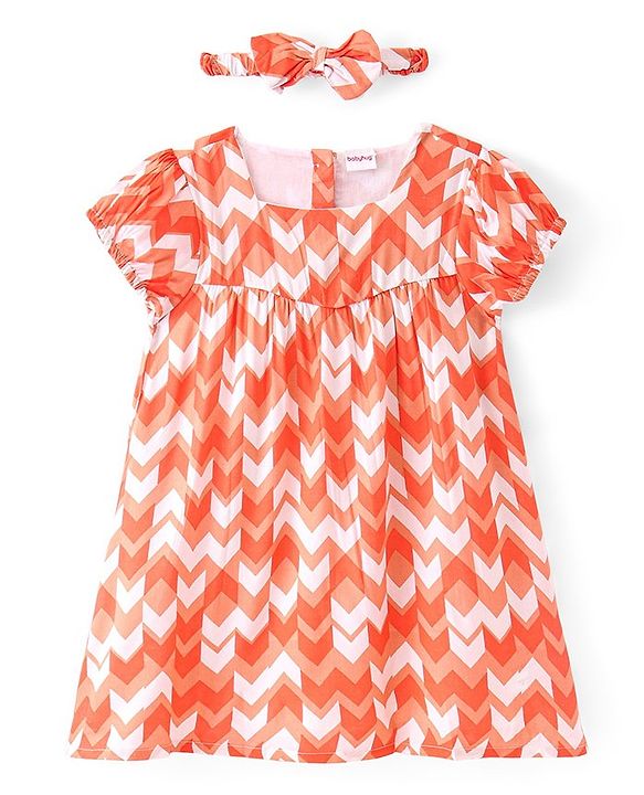 Babyhug Rayon Woven Half Sleeves  Frock With Head Band Chevron Print - Orange