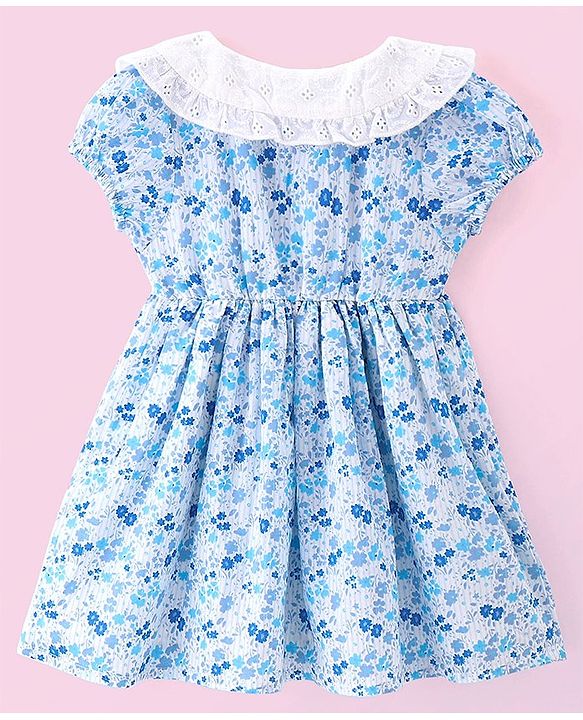 Babyhug 100% Cotton Poplin Woven Half Sleeves Frock With Bloomer Floral Print - Blue
