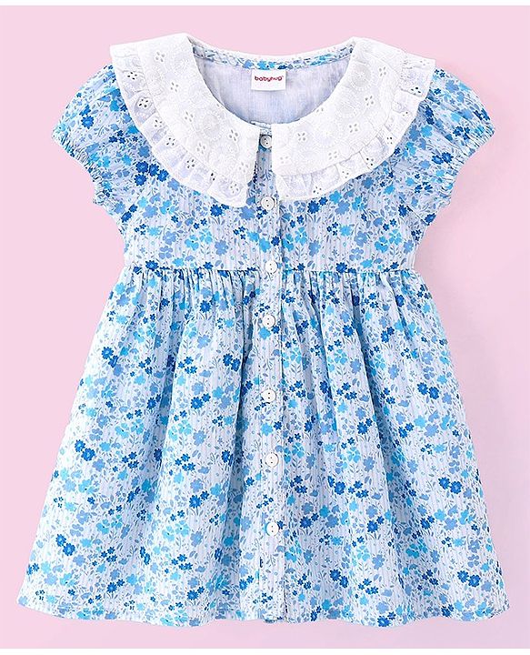 Babyhug 100% Cotton Poplin Woven Half Sleeves Frock With Bloomer Floral Print - Blue