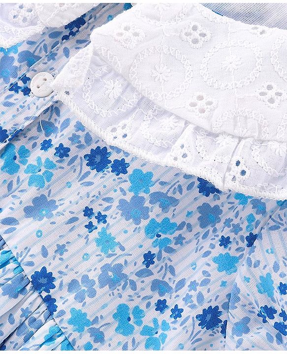 Babyhug 100% Cotton Poplin Woven Half Sleeves Frock With Bloomer Floral Print - Blue