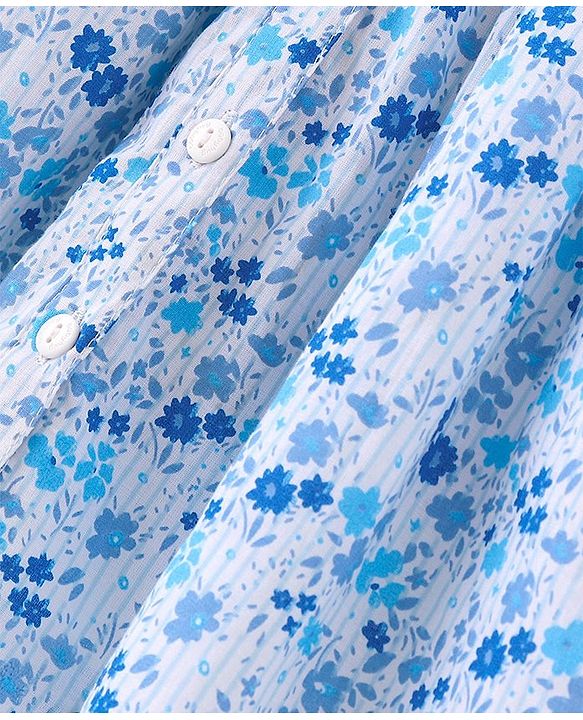 Babyhug 100% Cotton Poplin Woven Half Sleeves Frock With Bloomer Floral Print - Blue
