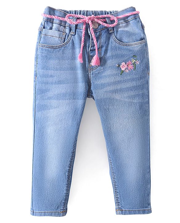 Babyhug Denim  Full Length with Stretch Washed Jeans With Floral Applique - Blue
