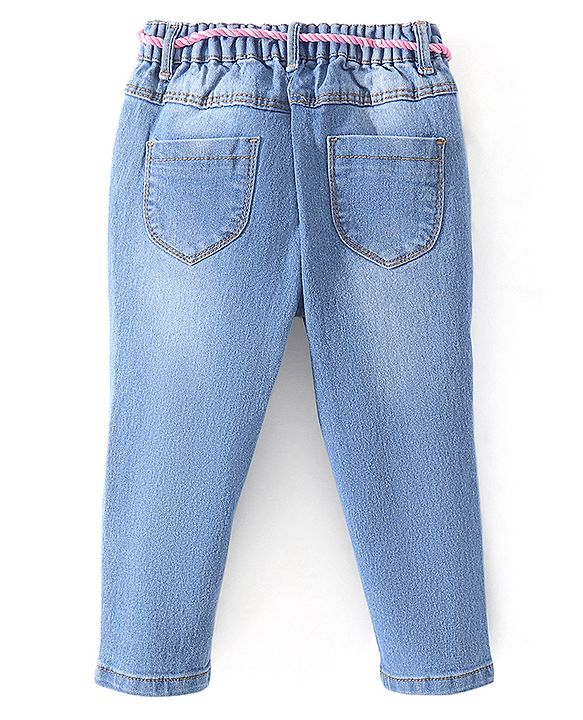 Babyhug Denim  Full Length with Stretch Washed Jeans With Floral Applique - Blue