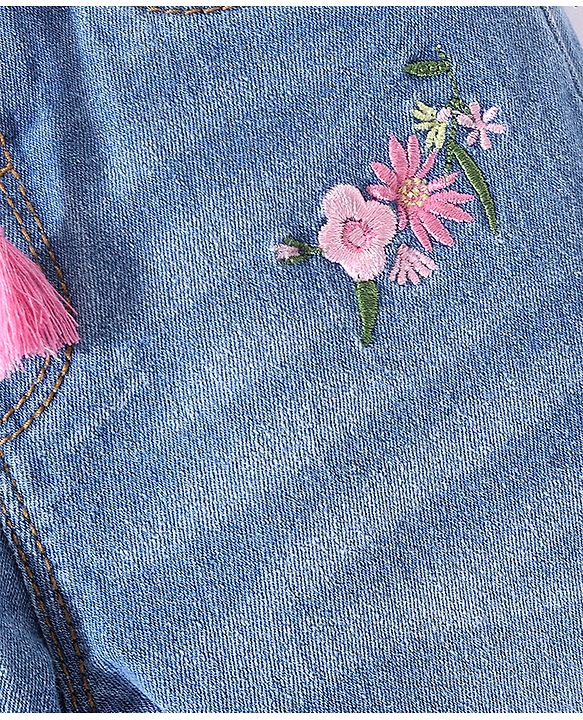 Babyhug Denim  Full Length with Stretch Washed Jeans With Floral Applique - Blue