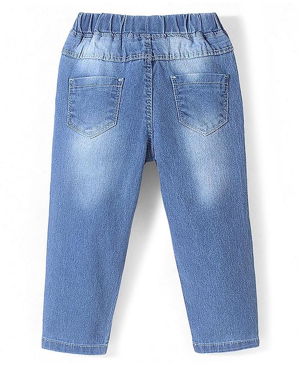 Babyhug Denim Full Length With Stretch Jeggings Butterfly Embroidery - Blue