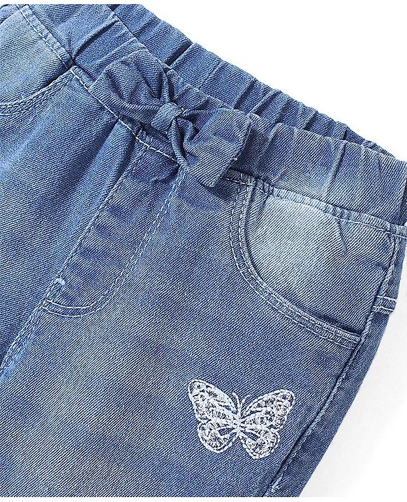 Babyhug Denim Full Length With Stretch Jeggings Butterfly Embroidery - Blue