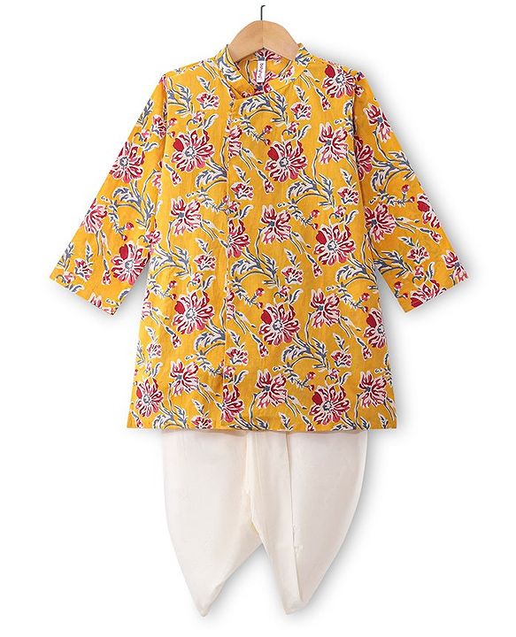 Babyhug Cotton Woven Full Sleeves Kurta & Dhoti Set With Summer Print & Potli Buttons - Yellow & White