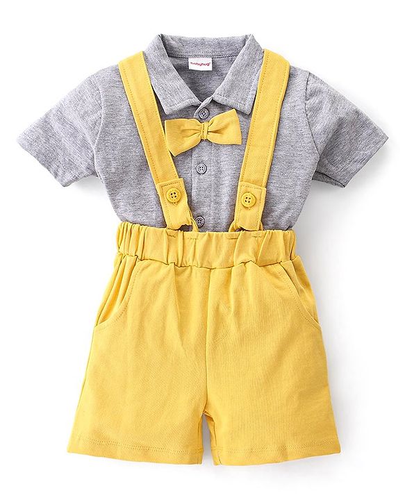 Babyhug 100% Cotton Knit Half Sleeves Solid Color Shirt & Shorts Set With Attached Suspender- Grey & Yellow