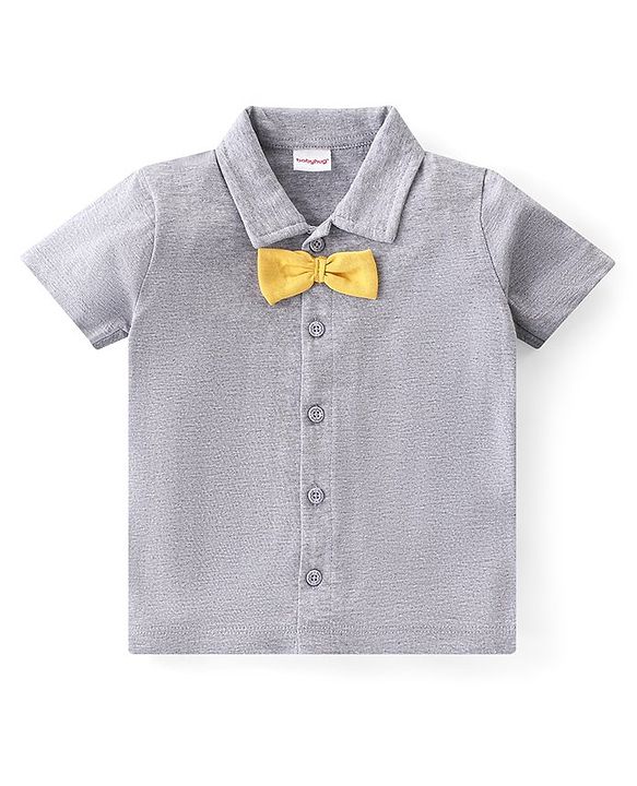 Babyhug 100% Cotton Knit Half Sleeves Solid Color Shirt & Shorts Set With Attached Suspender- Grey & Yellow