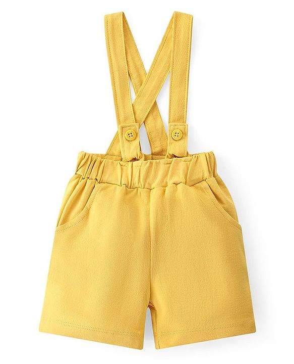Babyhug 100% Cotton Knit Half Sleeves Solid Color Shirt & Shorts Set With Attached Suspender- Grey & Yellow