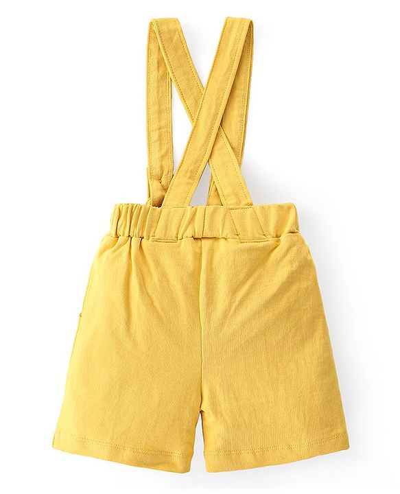 Babyhug 100% Cotton Knit Half Sleeves Solid Color Shirt & Shorts Set With Attached Suspender- Grey & Yellow