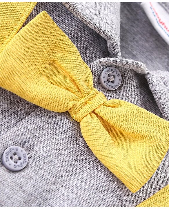 Babyhug 100% Cotton Knit Half Sleeves Solid Color Shirt & Shorts Set With Attached Suspender- Grey & Yellow
