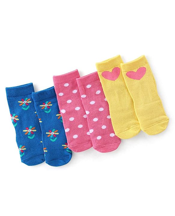 Cute Walk By Babyhug Non Terry Knit Anti-Bacterial Ankle Length Socks Floral Design Pack Of 3 - Blue Pink & Yellow
