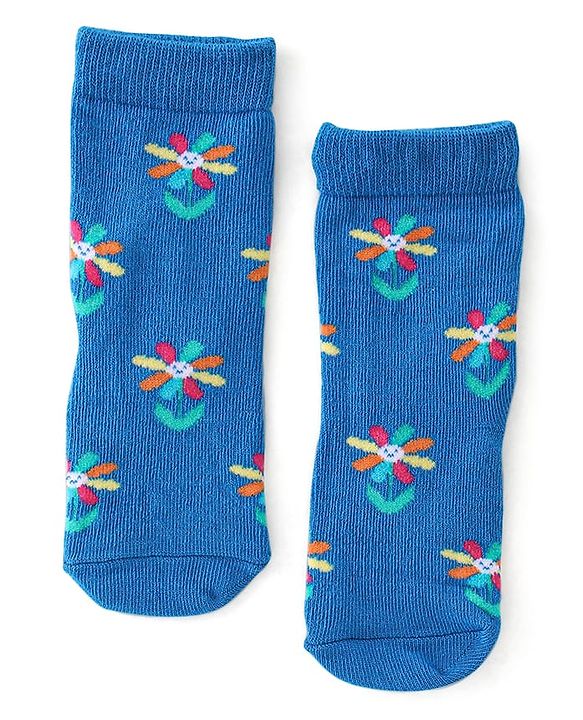 Cute Walk By Babyhug Non Terry Knit Anti-Bacterial Ankle Length Socks Floral Design Pack Of 3 - Blue Pink & Yellow