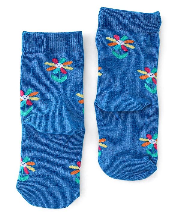 Cute Walk By Babyhug Non Terry Knit Anti-Bacterial Ankle Length Socks Floral Design Pack Of 3 - Blue Pink & Yellow