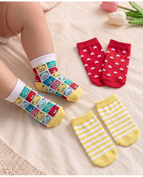 Cute Walk By Babyhug Non Terry Knit Anti-Bacterial Ankle Length Socks Stripes & Bear Design Pack Of 3 - White Red & Yellow