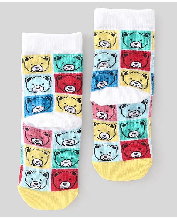 Cute Walk By Babyhug Non Terry Knit Anti-Bacterial Ankle Length Socks Stripes & Bear Design Pack Of 3 - White Red & Yellow