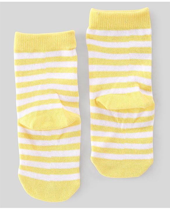 Cute Walk By Babyhug Non Terry Knit Anti-Bacterial Ankle Length Socks Stripes & Bear Design Pack Of 3 - White Red & Yellow