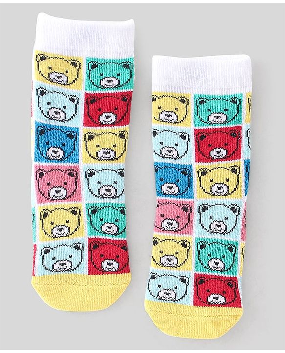 Cute Walk By Babyhug Non Terry Knit Anti-Bacterial Ankle Length Socks Stripes & Bear Design Pack Of 3 - White Red & Yellow