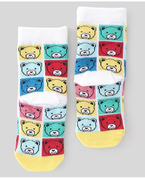 Cute Walk By Babyhug Non Terry Knit Anti-Bacterial Ankle Length Socks Stripes & Bear Design Pack Of 3 - White Red & Yellow