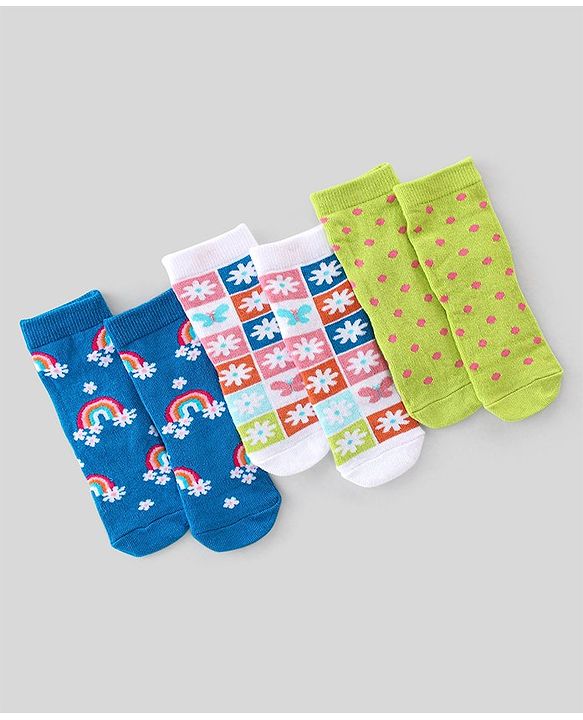 Cute Walk By Babyhug Non Terry Knit Anti-Bacterial Ankle Length Socks Floral Design Pack Of 3 - Green Blue & White