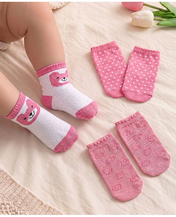 Cute Walk By Babyhug Non Terry Knit Anti-Bacterial Ankle Length Socks Polka Dot Design Pack Of 3 - Pink & White