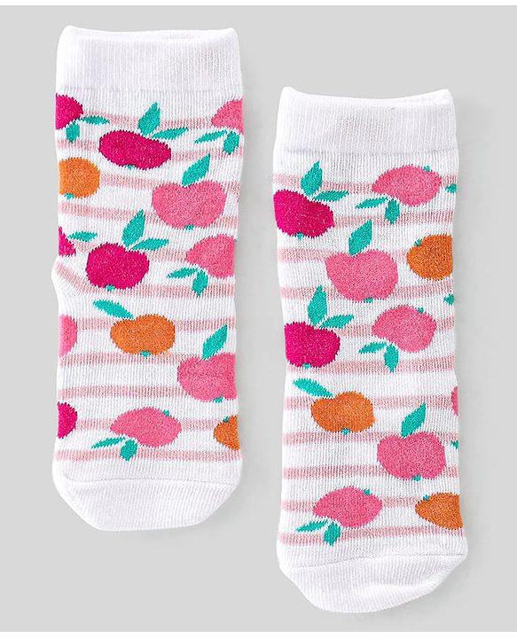 Cute Walk By Babyhug Non Terry Knit Anti-Bacterial Ankle Length Socks Stripes & Apple Design Pack Of 3 - Pink & White
