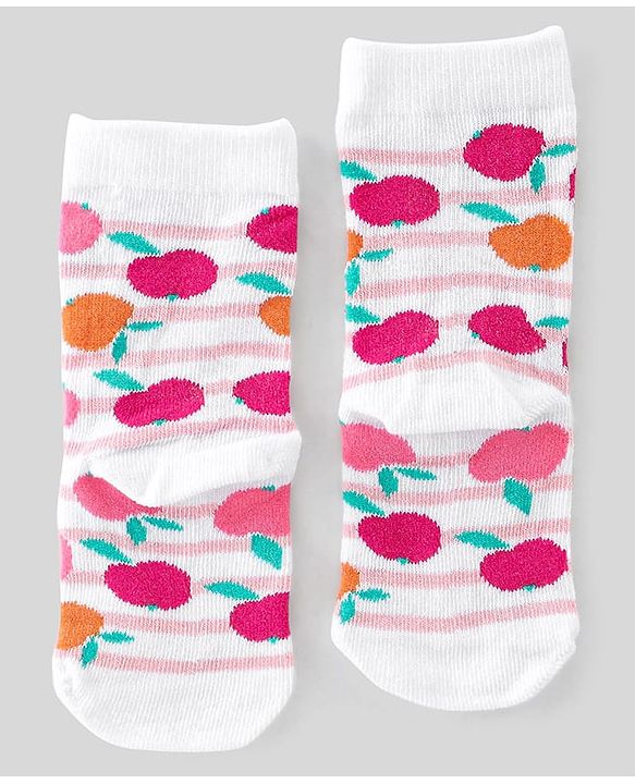Cute Walk By Babyhug Non Terry Knit Anti-Bacterial Ankle Length Socks Stripes & Apple Design Pack Of 3 - Pink & White