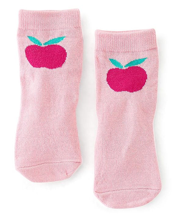 Cute Walk By Babyhug Non Terry Knit Anti-Bacterial Ankle Length Socks Stripes & Apple Design Pack Of 3 - Pink & White