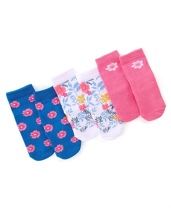 Cute Walk by Babyhug Anti Bacterial Ankle Length Socks Floral Design Pack Of 3 - Multicolour