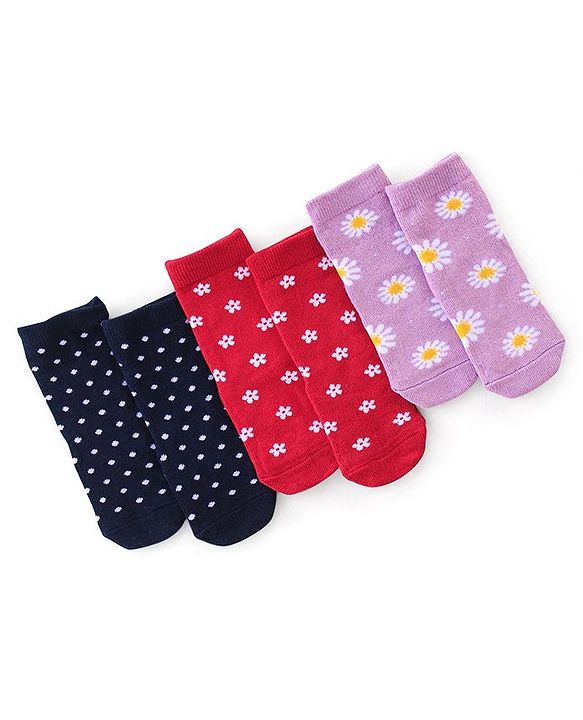 Cute Walk By Babyhug Anti-Bacterial Ankle Length Socks Floral & Polka Dot Design Pack Of 3 - Navy Blue Red & Purple