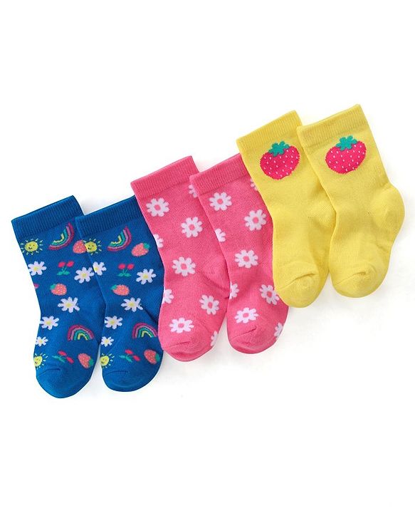 Cute Walk by Babyhug Anti Bacterial Ankle Length Socks Floral Design Pack Of 3 - Multicolour