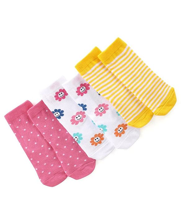 Cute Walk by Babyhug Anti Bacterial Ankle Length Socks Floral Design Pack Of 3 - Multicolour