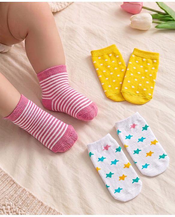 Cute Walk by Babyhug Anti Bacterial Ankle Length Socks Striped Polka Dot & Star Design Pack of 3 - Pink Yellow & White