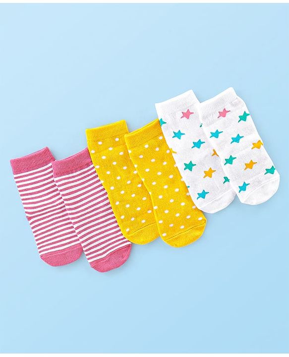 Cute Walk by Babyhug Anti Bacterial Ankle Length Socks Striped Polka Dot & Star Design Pack of 3 - Pink Yellow & White