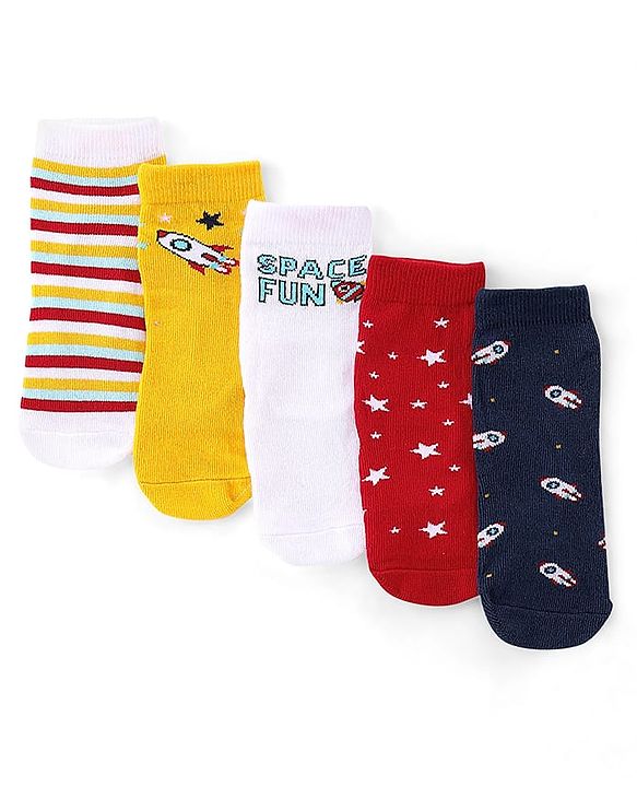 Cute Walk by Babyhug Anti Bacterial Ankle Length Socks Rocket Design Pack Of 5 - Multicolour