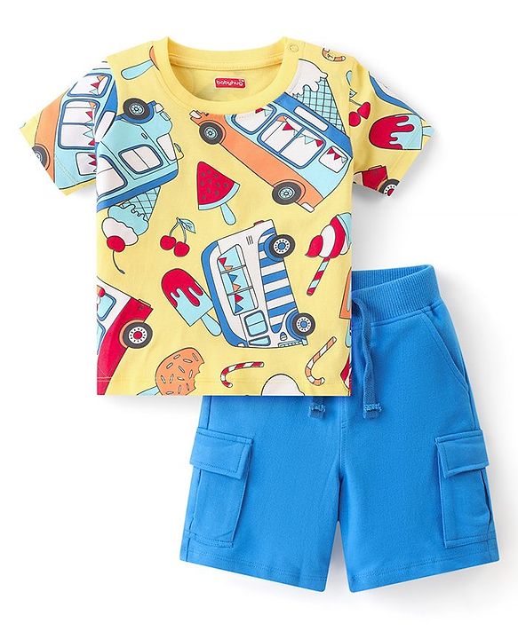 Babyhug Single Jersey  Knit  T-Shirt & Shorts Set with Car Print - Yellow & Blue