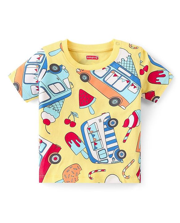 Babyhug Single Jersey  Knit  T-Shirt & Shorts Set with Car Print - Yellow & Blue