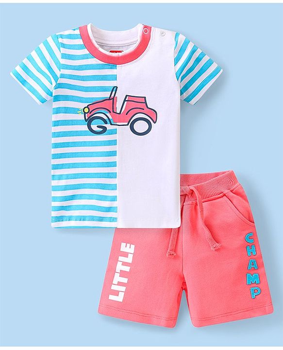 Babyhug Single Jersey Knit Half Sleeves T-Shirt &  Shorts Set with Striped  & Car Print - Blue & Red