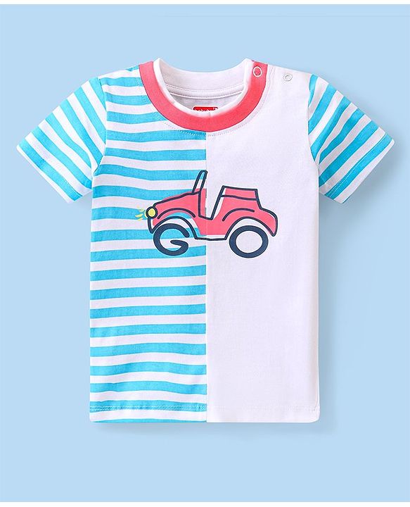 Babyhug Single Jersey Knit Half Sleeves T-Shirt &  Shorts Set with Striped  & Car Print - Blue & Red