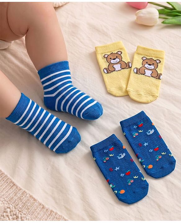 Cute Walk by Babyhug Anti Bacterial Ankle Length Socks Striped & Teddy Design Pack of 3 - Blue & Yellow