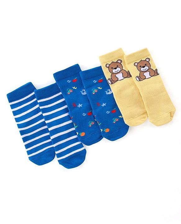 Cute Walk by Babyhug Anti Bacterial Ankle Length Socks Striped & Teddy Design Pack of 3 - Blue & Yellow