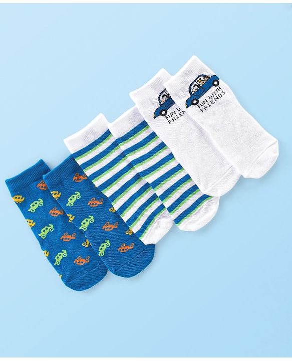 Cute Walk by Babyhug Anti Bacterial Ankle Length Socks Car Design Pack Of 3 - Multicolour