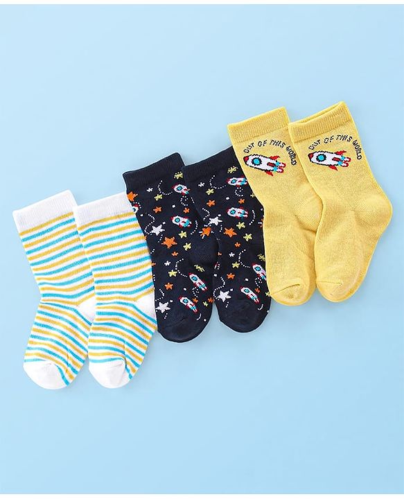Cute Walk by Babyhug Anti Bacterial Ankle Length Socks Rocket Design Pack Of 3 - Multicolour